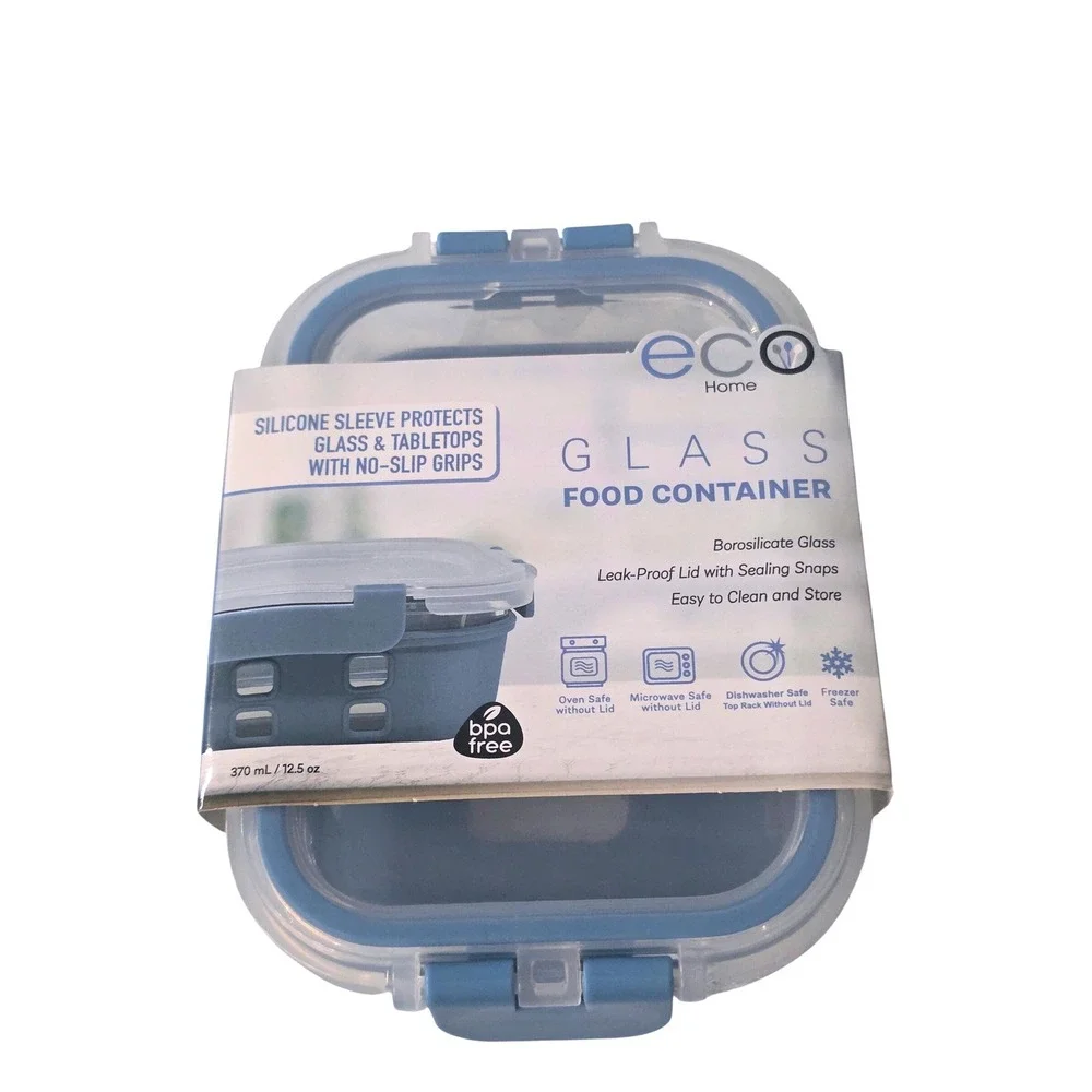 Eco Home Glass Food Container 12.5oz Blue Silicone Sleeve Borosilicate Glass